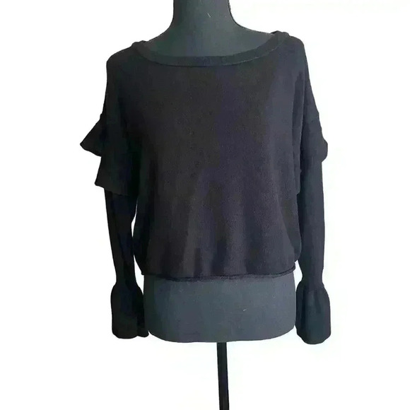 Zara Knit Black Flounce Sweater Bell Cuff Ruffle Shoulder Black Women Size Small - Picture 1 of 12
